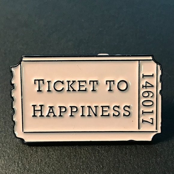 "Ticket to Happiness" Pink and Black Ticket Enamel Pin, Brooch, Backpack Pin - Picture 1 of 3